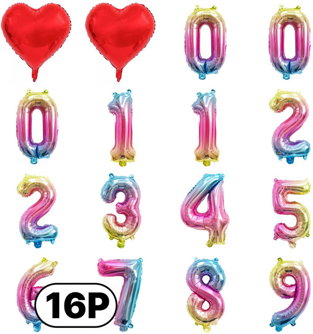 스마일파티 미니 소형 은박 숫자 번호 풍선 16P 하트 새해 생일 기념일, 1세트, 레인보우16P