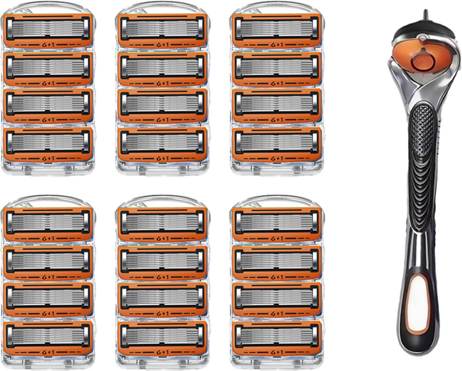 6중 주황 알로에 윤활유 강화 질레트 면도날 프로글라이드 퓨전 호환 날카로운 면도기, 1개, 오렌지색 면도날 12개입+스윙면도기