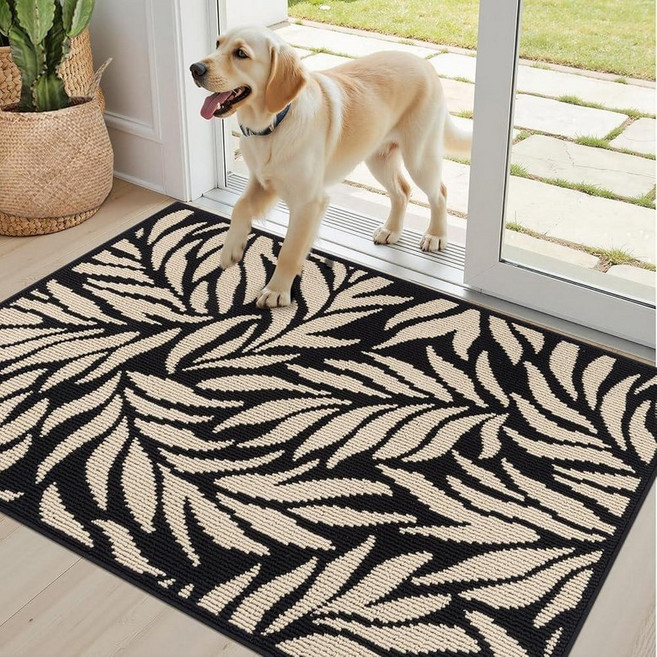 Ileading 실내 도어 매트 81.3cm x 121.9cm(32 x 48인치) 흡수성 강아지 진흙 발바닥 매트 로우 프로파일 입구 작은 러너 러그 미끄럼 방지 고무 뒷면, 검은 잎 질감