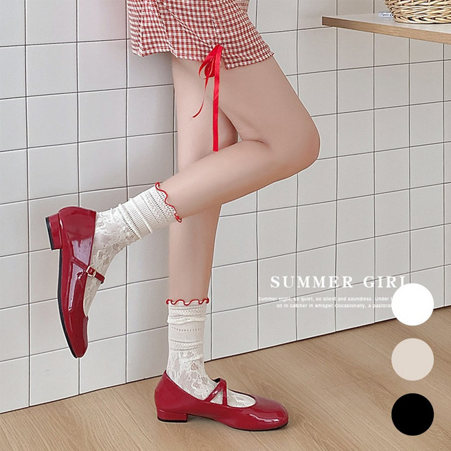 다이나토리 여성 여름 펀칭 시스루 프릴 중목양말 3켤레