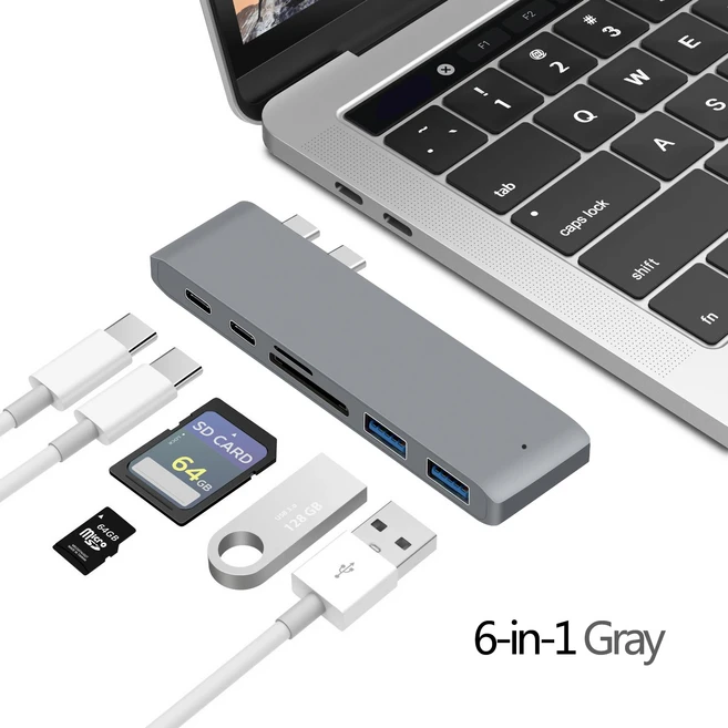 USB 3.1 타입-C 허브 HDMI 어댑터 4K 썬더볼트 3 C TF SD 리더 슬롯 PD 맥북 에어 프로 M1 M2 M4 M5용, 1개, 03 2T 6 in 1 Gray