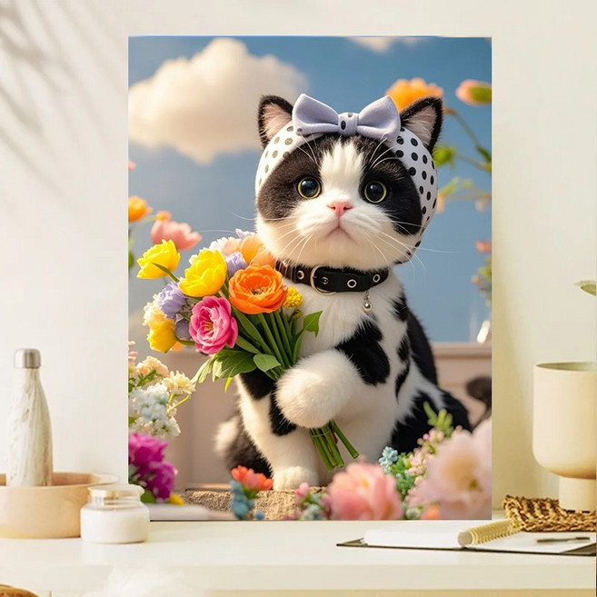 보석십자수 DIY키트 액자 캔버스형 귀여운 고양이 동물 그림 실내 풍수 장식 거실 현관 인테리어 개업 이사선물 40x50cm, 1개, 귀여운 고양이-4