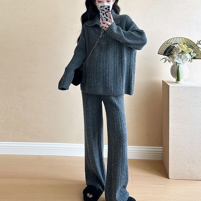 임산부 니트 세트 가을 겨울 캐주얼 임부복 반집업 터틀넥 니트 스웨터 + 하이웨이스트 와이드 팬츠 상하의 투피스 기질 임부 투피스 세트 CY