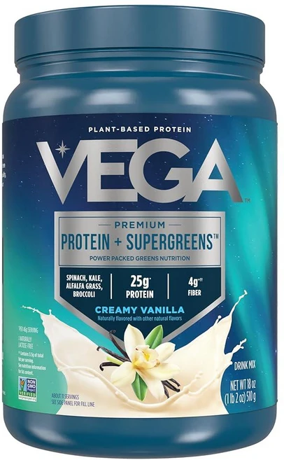 Vega Protein and Greens 단백질 파우더 크리미 바닐라 (11회분) 25g 식물성 단백질 플러스 채소 비건 GMO 프리 여성 및 남성용 완두콩 단백질 0, 단백질 및 채소, 510g - 쿠팡