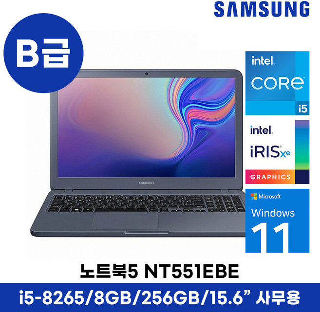 삼성 15인치 노트북 NT551EBE 윈도우11 정품 탑재, NT551EBE i5-8265U (B급), WIN11 Home, 256GB, 8GB, 그레이