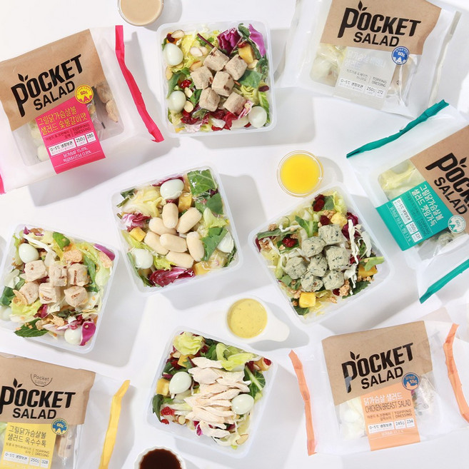 포켓샐러드 닭가슴살 토핑 샐러드 5팩 (닭가슴살+비엔나+숯불갈비+옥수수톡+깻잎가득), 250g, 5개