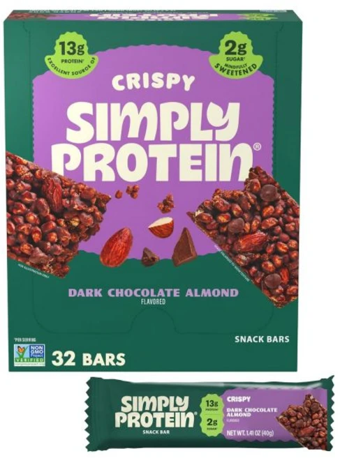 심플리 프로틴 - 크리스피 비건 바 버라이어티 팩 3가지 맛 식물성 단백질 스낵 13g 당 2g 섬유질 7g 글루텐 프리 논 GMO 코셔 12개 바 3박스, 다크 초콜릿 아몬드, 32개 (1팩) - 쿠팡
