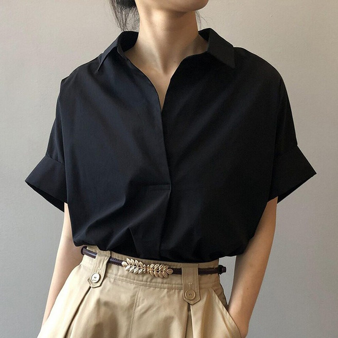 POMTOR 여성 여름 셔츠 루즈핏 오피스룩 반팔 블라우스