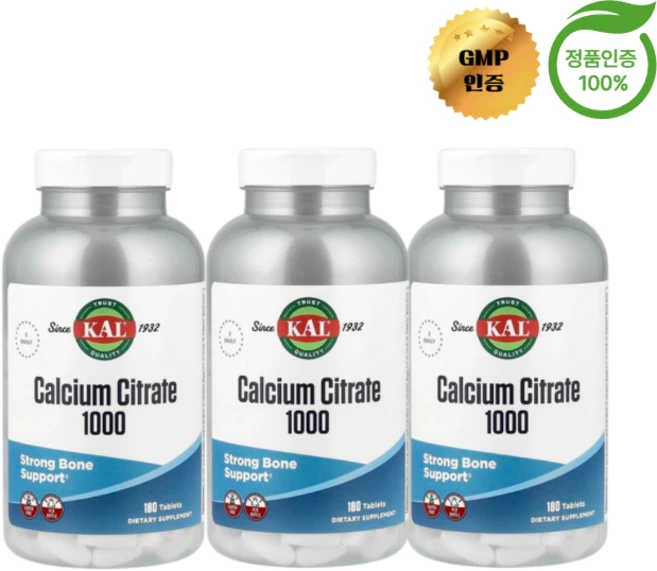 2+1 KAL 구연산 고효능 칼슘 1000mg 180정, 3개 - 쿠팡