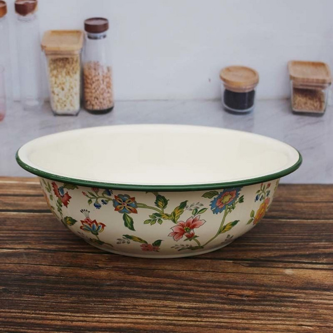 뚜껑이 있는 매우 두꺼운 에나멜 혼합 분지 주방 세척용 빈티지 스타일 야채 만두 충전물 그릇 접시 트레이, 05 36CM basin, 1개