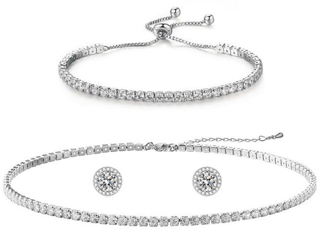 신부 귀걸이 무도회 신부 들러리 주얼리를 위한 여성용 실버 테니스 목걸이 및 팔찌 세트