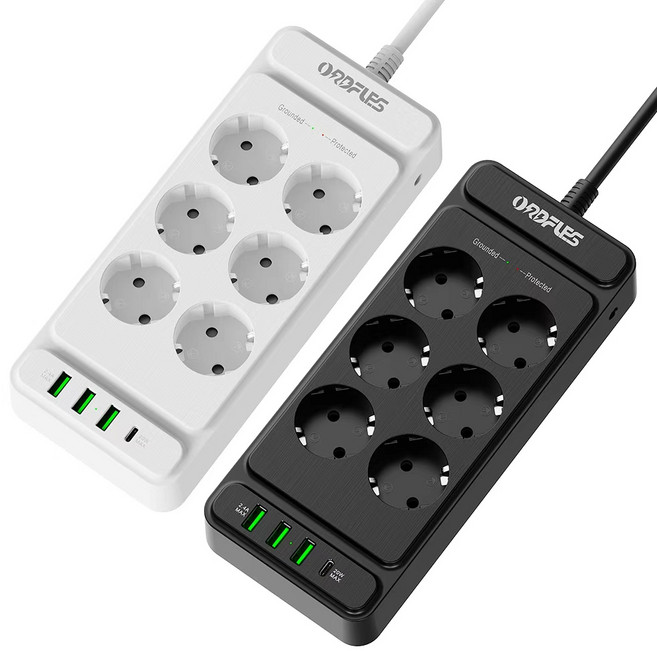 ORDFLES USB 멀티탭 3A+1C PD20W 4000W 고용량 과부하차단, 6구  블랙, 1개, 2m