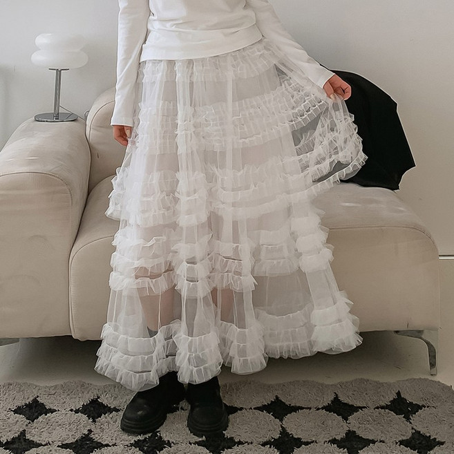 캉캉 프릴 시스루 레이스 롱스커트 섹시룩 데이트룩 A라인 플리츠 플레어 롱치마