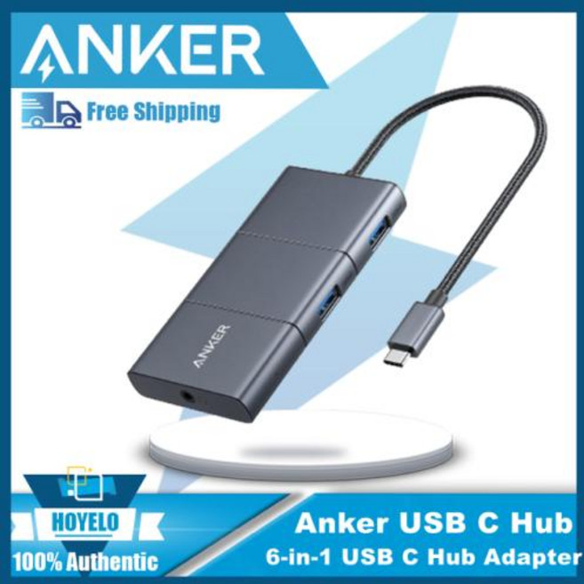 Anker USB C Hub PowerExpand 6-in-1 USB C Hub 어댑터 4K 60Hz HDMI 및 DP 100W 전원 공급 장치 USB-C 및 2 USB-A 데이터, 1) Black, 1개