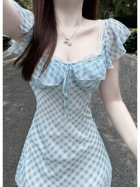 해피유통 체크 패턴 슬림핏 미니 원피스 여성 프릴 리본 포인트 데일리 드레스