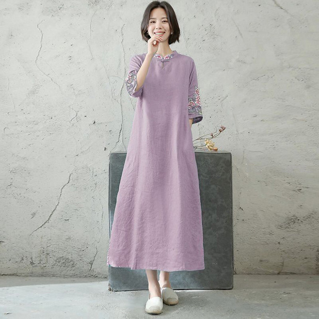 POMTOR 여성 여름 롱원피스 자수 스탠딩 칼라 면마 5부소매 휴양지원피스 개량한복 개량한복 빅 사이즈