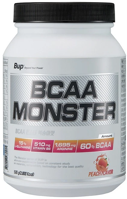 BUP BCAA몬스터 복숭아맛 류신 아미노산 헬스보충제 BCAA, 500g, 1개 - 쿠팡