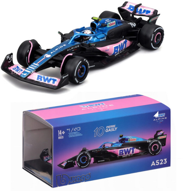 브라고 1:43 BWT Alpine F1 Team A523 (2023) F1 레이싱카 다이캐스트 아크릴케이스 알파인 팀, 1개
