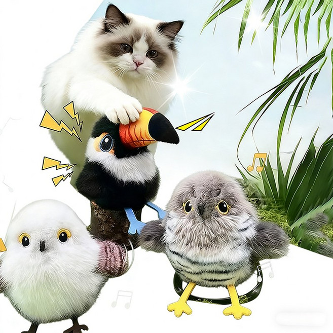 HLOMOM 小鳥造型絨毛逗貓玩具 仿真互動玩偶, Multiple Colors, 1個