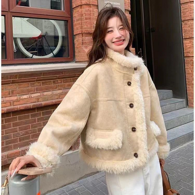 3위 - Seevary 가을겨울 여성 무스탕 자켓 루즈핏 숏 코트 인조털 안감 스탠칼라 캐주얼 데일리룩