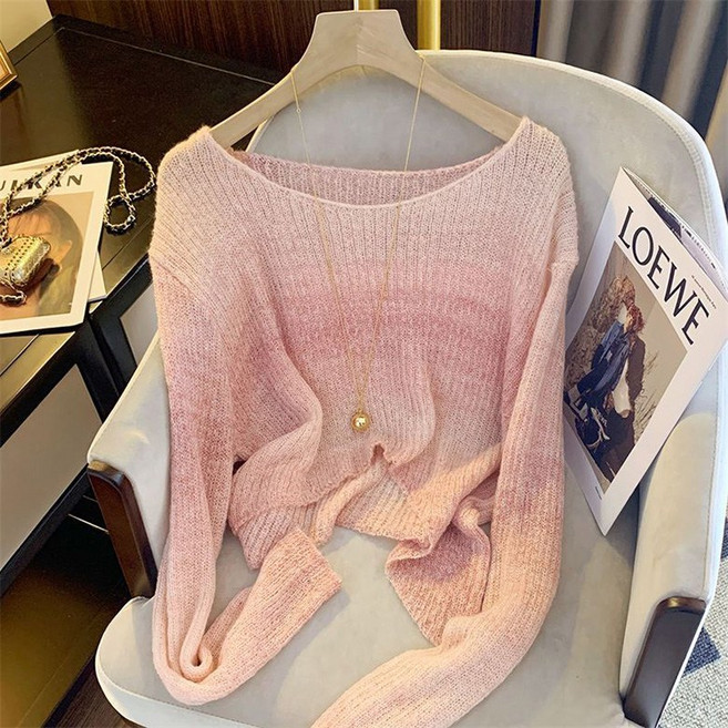 FANSYLI 얇은 니트 여성 패션 숏 브이넥 긴팔 니트 티셔츠 심플 루즈핏 캐주얼 통근 상의 데일리룩 X2507J12