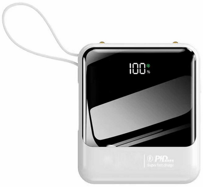 20000mAh 頂規20W 行動電源 自帶線快充 迷你便攜充電寶, 20W快充款 白