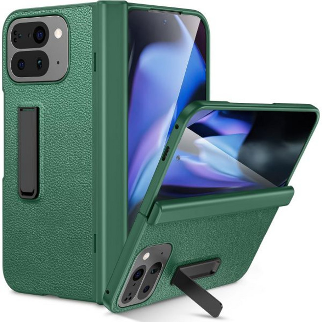Ruky의 Google Pixel 10 Pro Fold 케이스 (내장형 화면 보호기 킥스탠드 전체 본체 및 힌지 보호 기능 포함) PU 가죽 휴대폰 케이스 골드 색상
