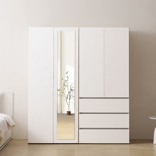 바로방가구 이븐 터치 빅수납 전신거울 옷장 서랍 장롱 1600세트 드레스룸 시스템장, 화이트