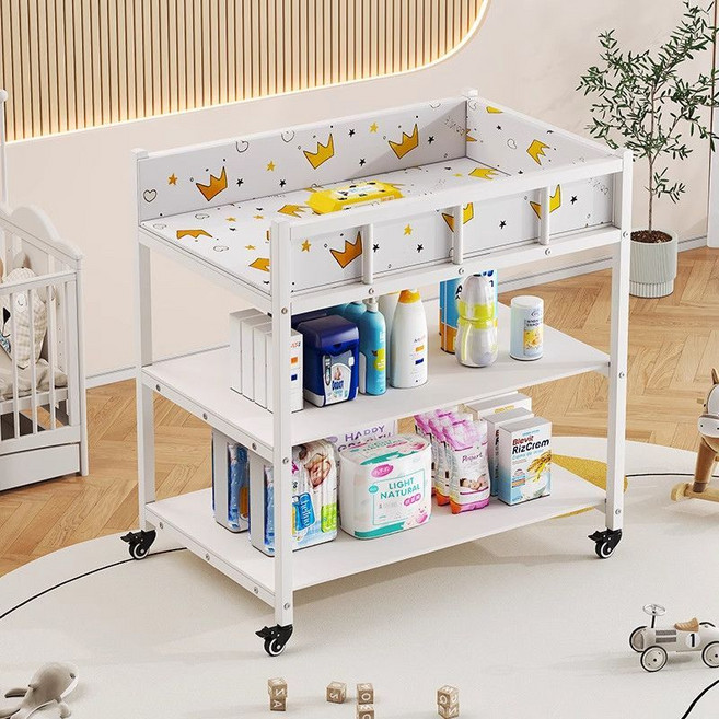 嬰兒尿布臺 置物架 多功能鐵藝 可移動輪, 1個, 白色裸牀【3層】+皇冠牀墊牀圍,【75*55*95CM】