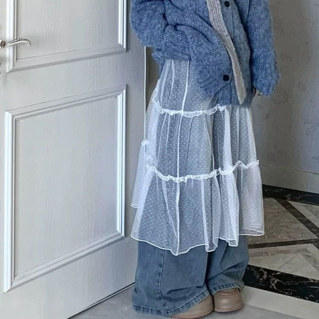 網紗拼接金磚絨百褶裙 女士氣質中長款半裙