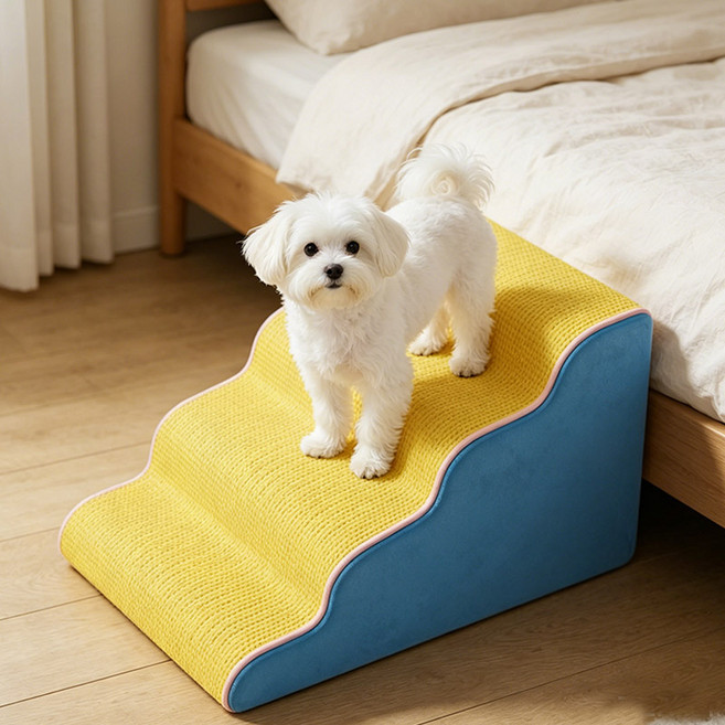 차이첸 강아지 계단 펫계단 미끄럼방지 슬로프 계단 논슬립 슬개골보호 4단 커브 스텝, 1개, 블루