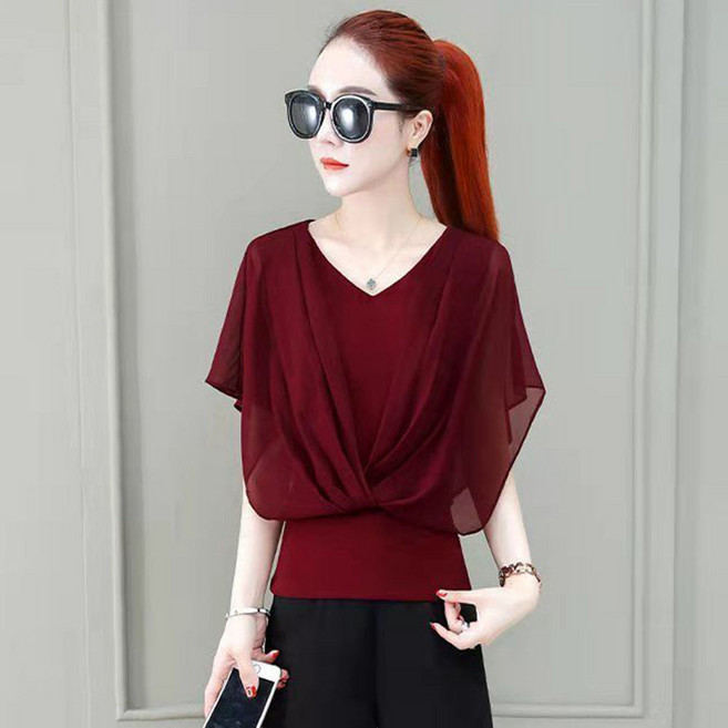 ROYALBELLE 여성 브이넥 가오리소매 쉬폰 티셔츠 루즈핏 얇은 반팔 티셔츠 V050609