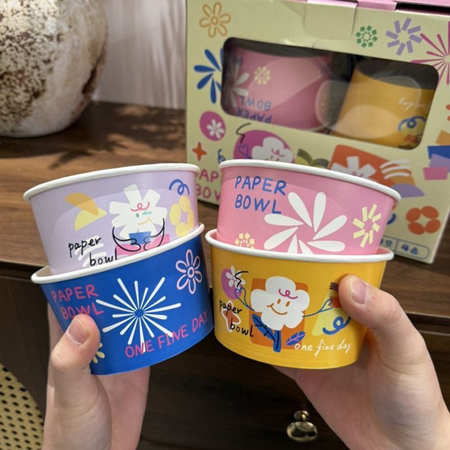 可愛卡通圖案 一次性紙碗 打包盒 隔熱防燙 餐盒 家用圓形紙餐具, 1個, 420mL /只【特厚】多巴胺紙碗精美禮盒裝【四色共80只】1盒