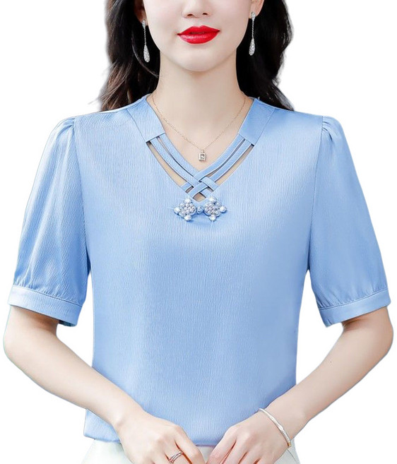 ROYALBELLE 여성 고급 실크 반팔 블라우스 브이넥 데일리 루즈핏 구슬 디자인 상의 V61518