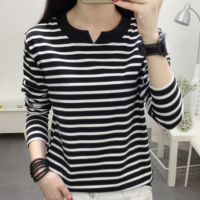 로렌미 브이 트임 스트라이프 긴팔 티셔츠 S250801FW-7