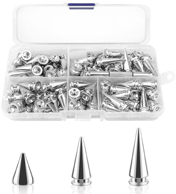 원뿔형 스터드 스파이크 스터드 리벳 펑크 록 스터드 금속 나사 뒷면 스터드 DIY용 더블 캡 리벳 가방 가죽 팔찌 목걸이 의류 드라이버가 달린 신발(3가지 사이즈), 10mm, 80개, 실버