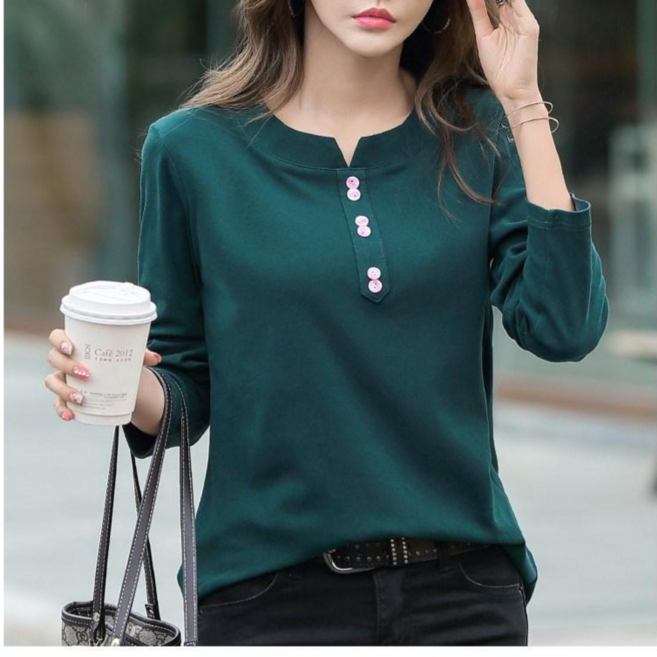 체인지쉬(change she) 여성 라운드넥 심플 버튼 포인트 여성 긴팔 면티셔츠