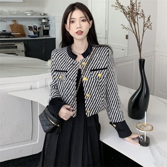 TKX 여성 클래식 트위드 자켓 겨울 가을 쇼트 재킷 스트라이프 패턴 고급 배색 재킷 출근룩 K79