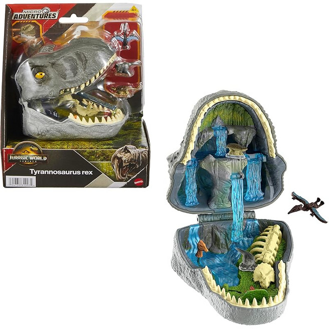 Mattel 쥬라기 월드 재생 마이크로 어드벤처 플레이 세트 티라노사우루스 렉스 헤드가 4가지 인터랙티브 기능으로 열린다 3개의 마이크로 피규어 T. 렉스 공룡 장난감, 1개