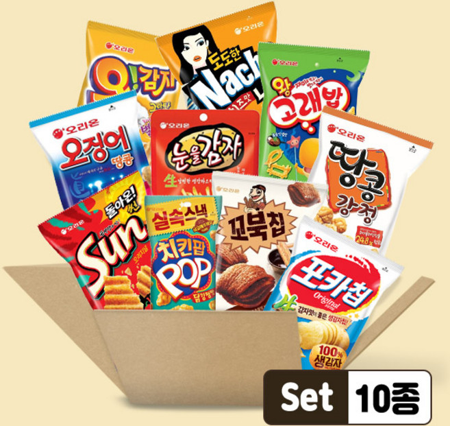 (스윗몬) 오리온 봉지과자 10종 랜덤박스 실속 과자세트, 1개