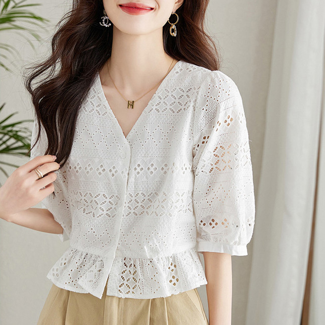 swygsqql 여름 레이스 반팔 티셔츠 여성 숏 블라우스 브이넥 반팔 프릴 블라우스