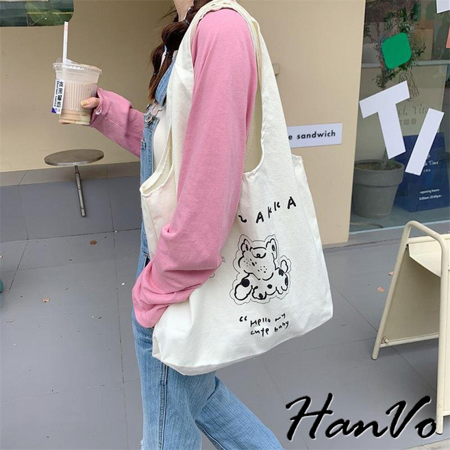 HanVo 可愛插畫塗鴉帆布肩背包 - 百搭大容量上課上班包