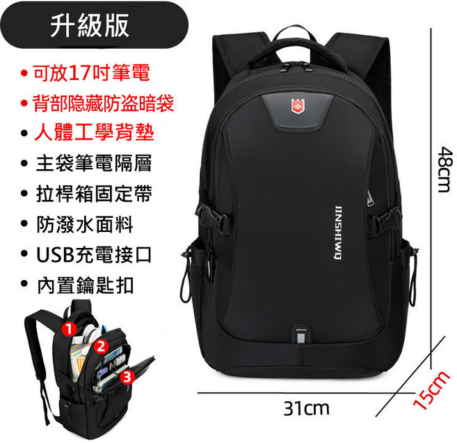 SWISSHESHI 電腦雙肩包 17吋筆電適用 大容量防水後背包