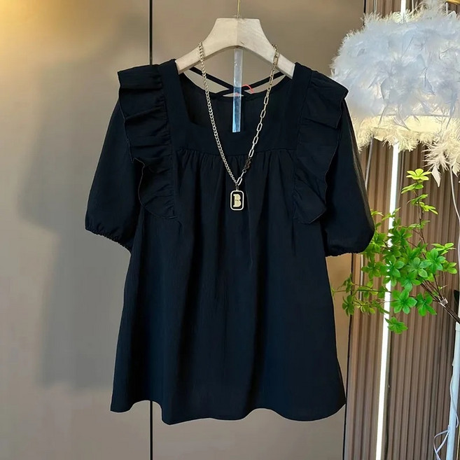 해피유통 여성 여름 면 사각네크라인 반팔 탑 레이스 디테일 디자인lmy