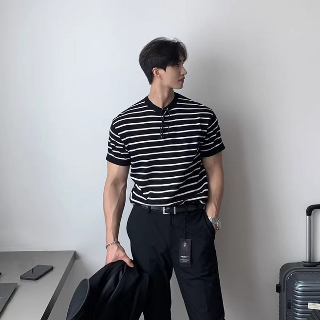ANYOU 여름 남성 순면 스트라이프 티셔츠 오버핏 라운드넥 반팔 니트웨어