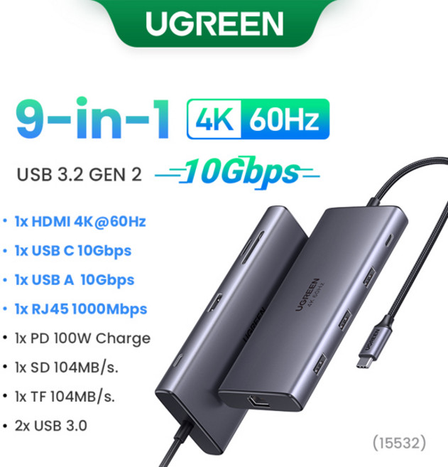 UGREEN 4K60Hz USB C 허브 9-in-1 Type-C-HDMI PD100W 2xUSB-AC 포트 Macbook Pro 노트북 USB3.0 분배기 도킹용 RJ45 SDT, [03] 9-in-1 10G 4K60Hz