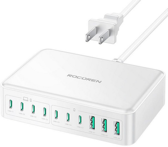 480W USB C 충전기 블록 Rocoren 10포트 충전 스테이션 여러 장치용 PD 100W 타입 c 간 고속 스테이션 멀티 USBC 허브 노트북 맥북 HP 아이패드, 화이트