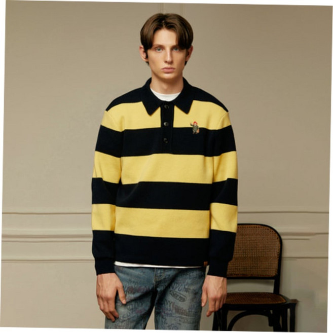 헤지스 남성용 캐릭터자수 울 스트라이프 카라 니트