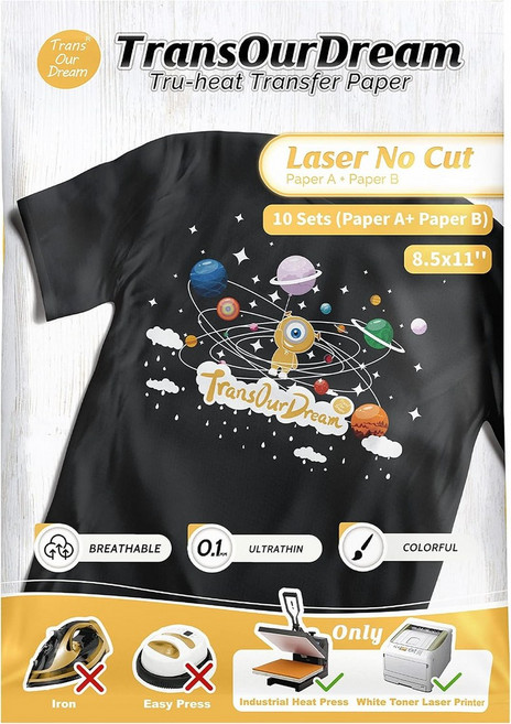 TransOurDream 노컷 암열 전사지 T셔츠용 A+B 8.5x11 10세트 프린터용 위에 흰색 토너가 있는 자가 제초 다리미를 올려놓습니다