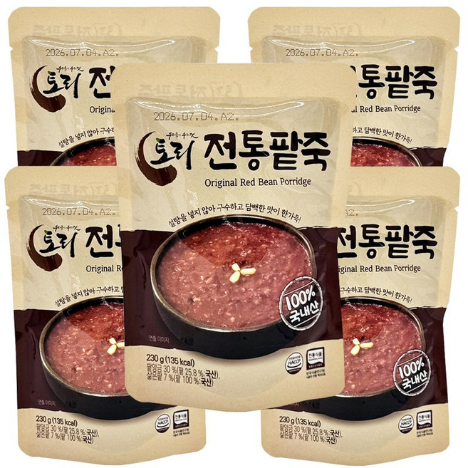 토리식품 구수한 토종팥 전통 팥죽 100% 국산팥 옛날 동지팥죽 간편죽, 230g, 5개